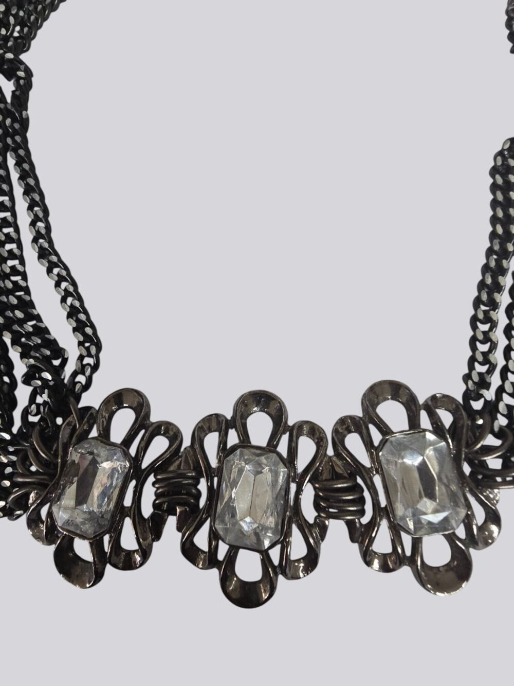 Vintage-Style Black Multi-Chain Necklace With Clear Rhinestone Accents - Picture 13 of 16